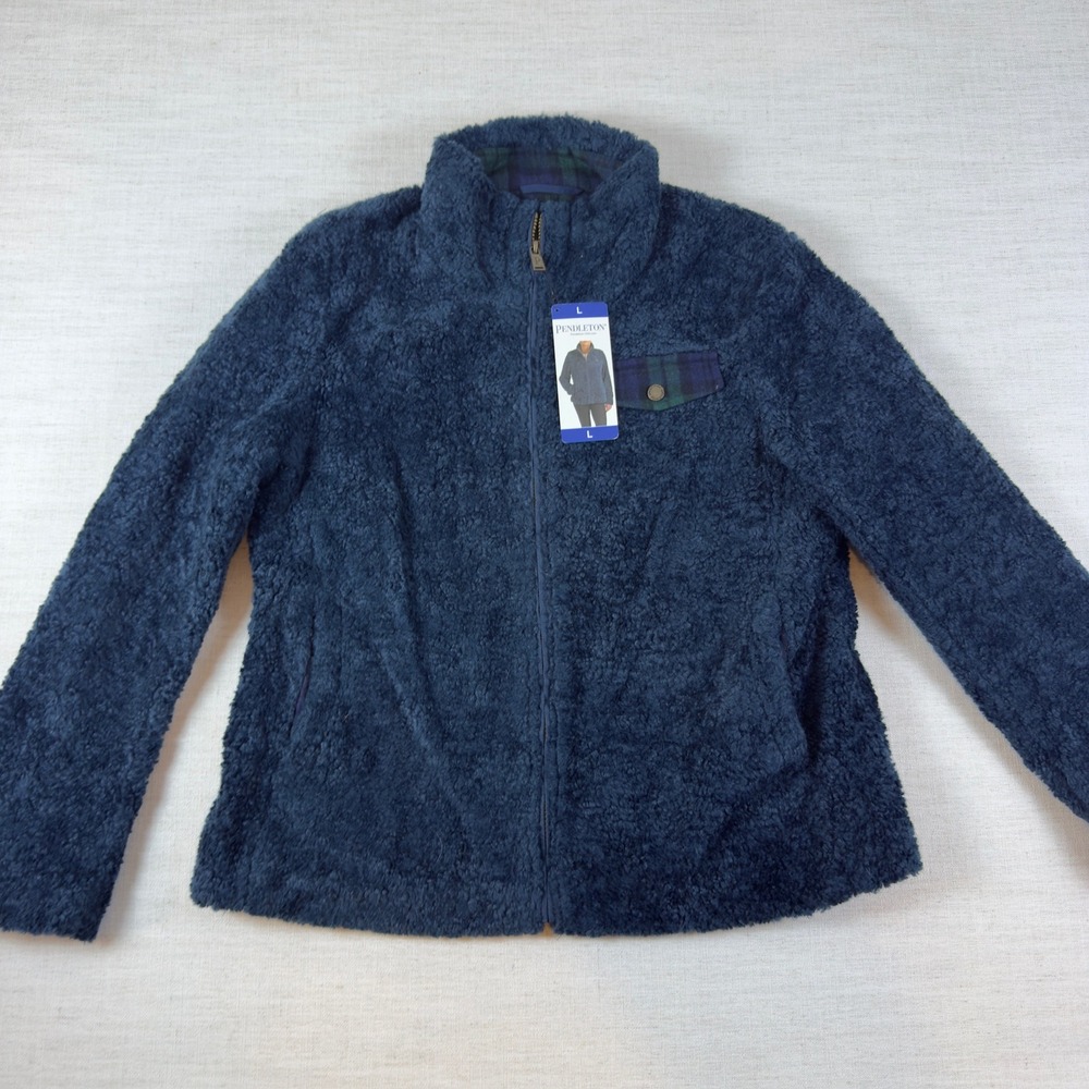Pendleton Mens Navy Blue Sherpa Fleece Full Zip Plaid Lined Jacket Large NEW
